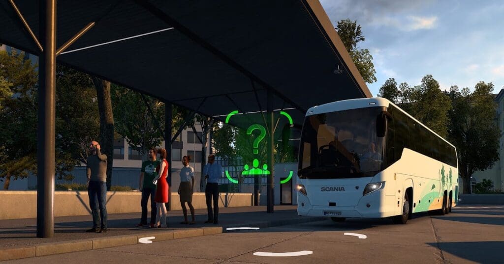 Autocar de la expansión Coaches de Euro Truck Simulator 2 en una terminal.