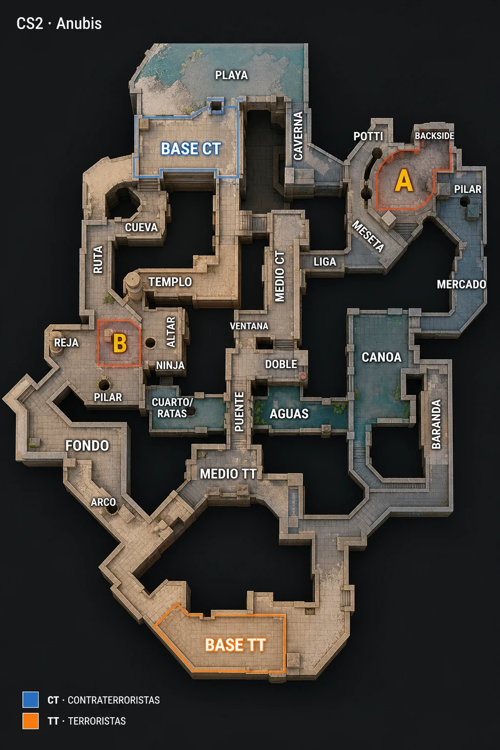 Mapa táctico de Anubis con callouts en español