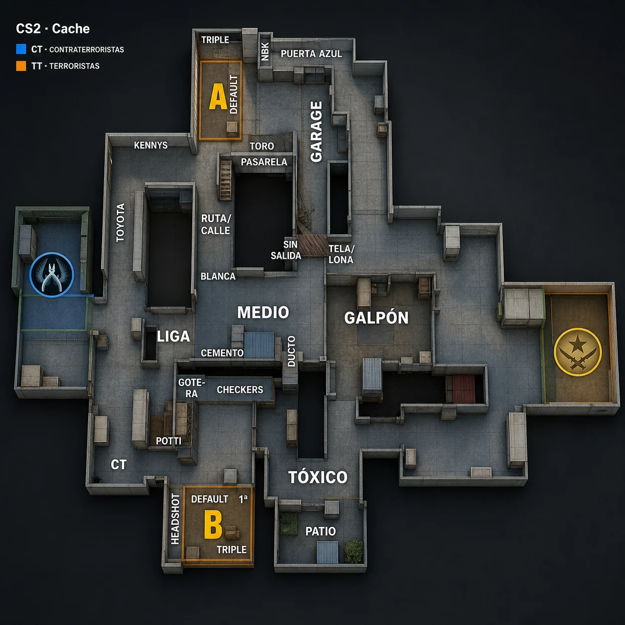 Mapa táctico de Cache con callouts en español
