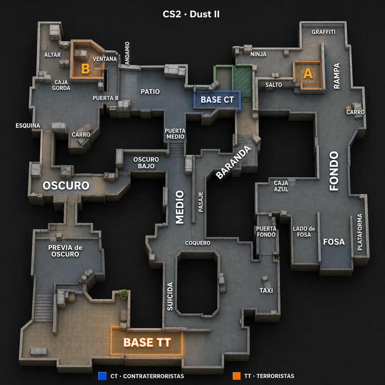 Mapa táctico de Dust II con callouts en español