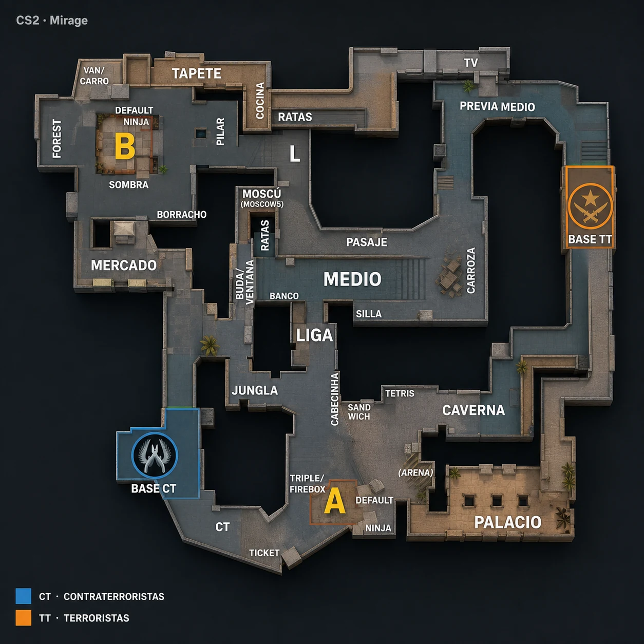 Mapa táctico de Mirage con callouts en español