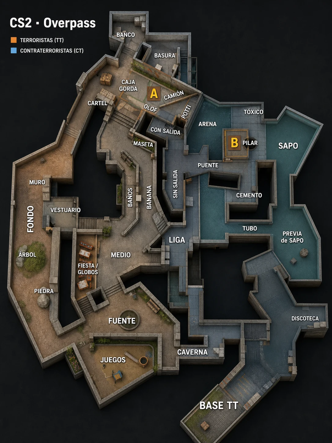 Mapa táctico de Overpass con callouts en español