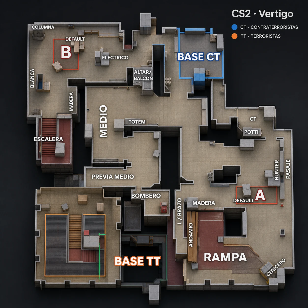 Mapa táctico de Vertigo con callouts en español