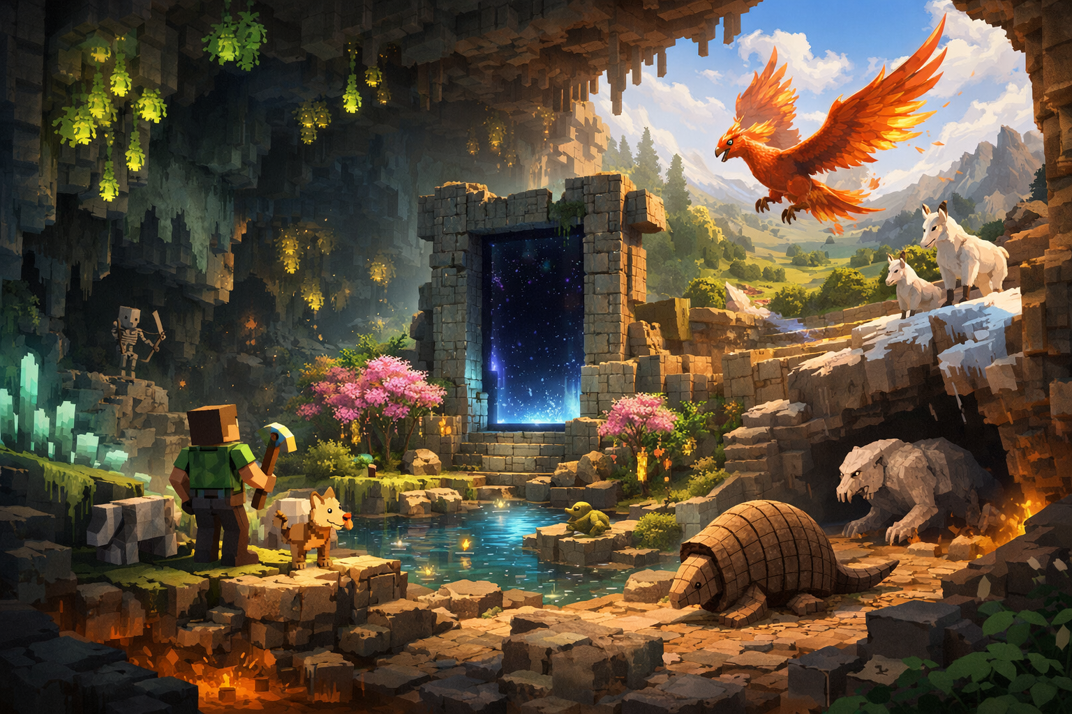 Ilustración editorial de Minecraft, generada con IA para LSKS TEAM.