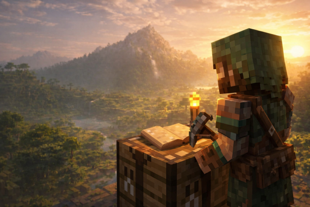 Ilustración editorial de Minecraft, generada con IA para LSKS TEAM.
