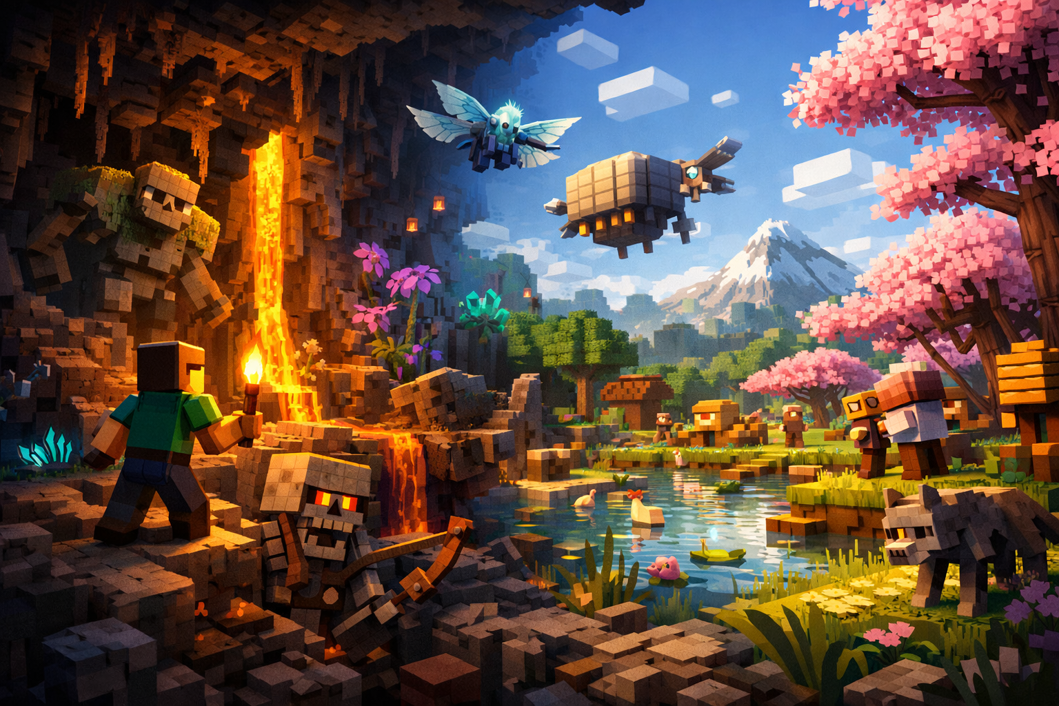 Ilustración conceptual de un paisaje de bloques inspirado en Minecraft, generada con IA.
