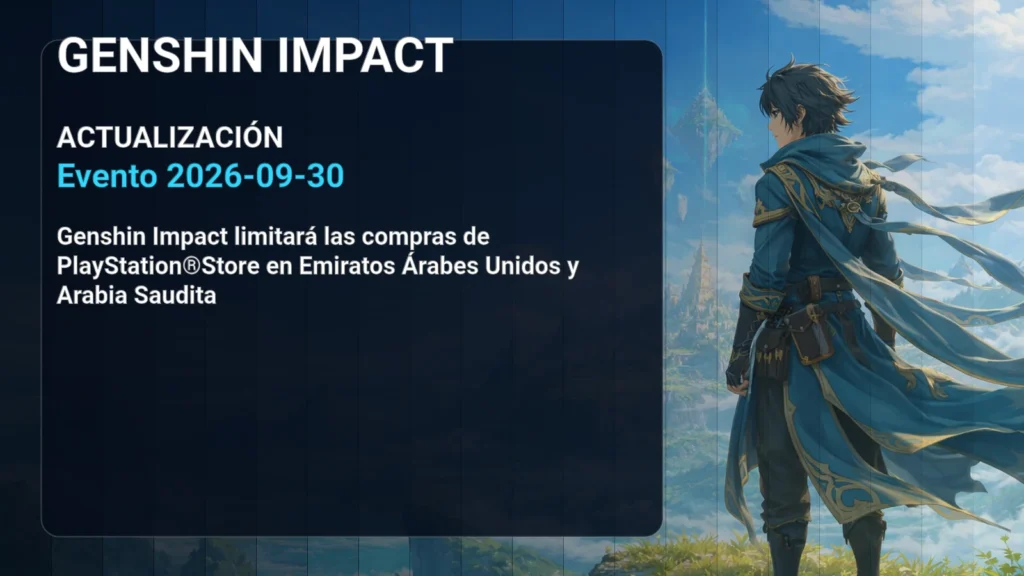 Portada editorial de Genshin Impact para la actualización Evento 2026-09-30: Genshin Impact limitará las compras de PlayStation®Store en Emiratos Árabes Unidos y Arabia Saudita.