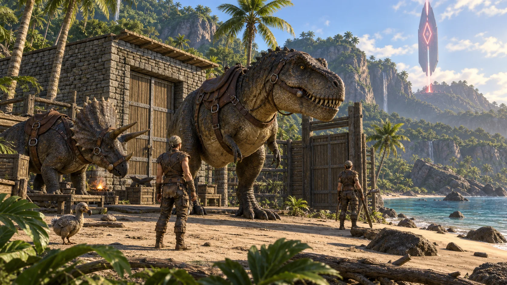 Ilustración de ARK con supervivientes, dinosaurios con monturas, una base de piedra y el obelisco rojo al fondo.