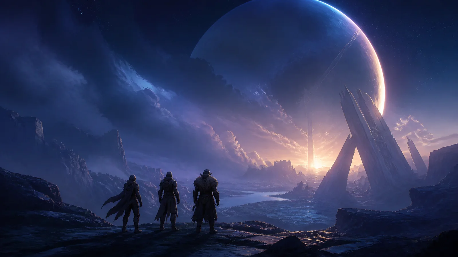Ilustración de tres guardianes juntos frente a un paisaje de ciencia ficción.