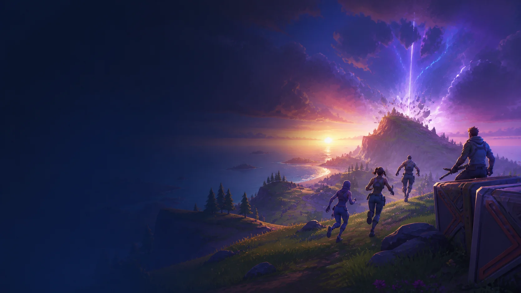 Ilustración de un grupo avanzando junto por una isla de fantasía inspirada en Fortnite.