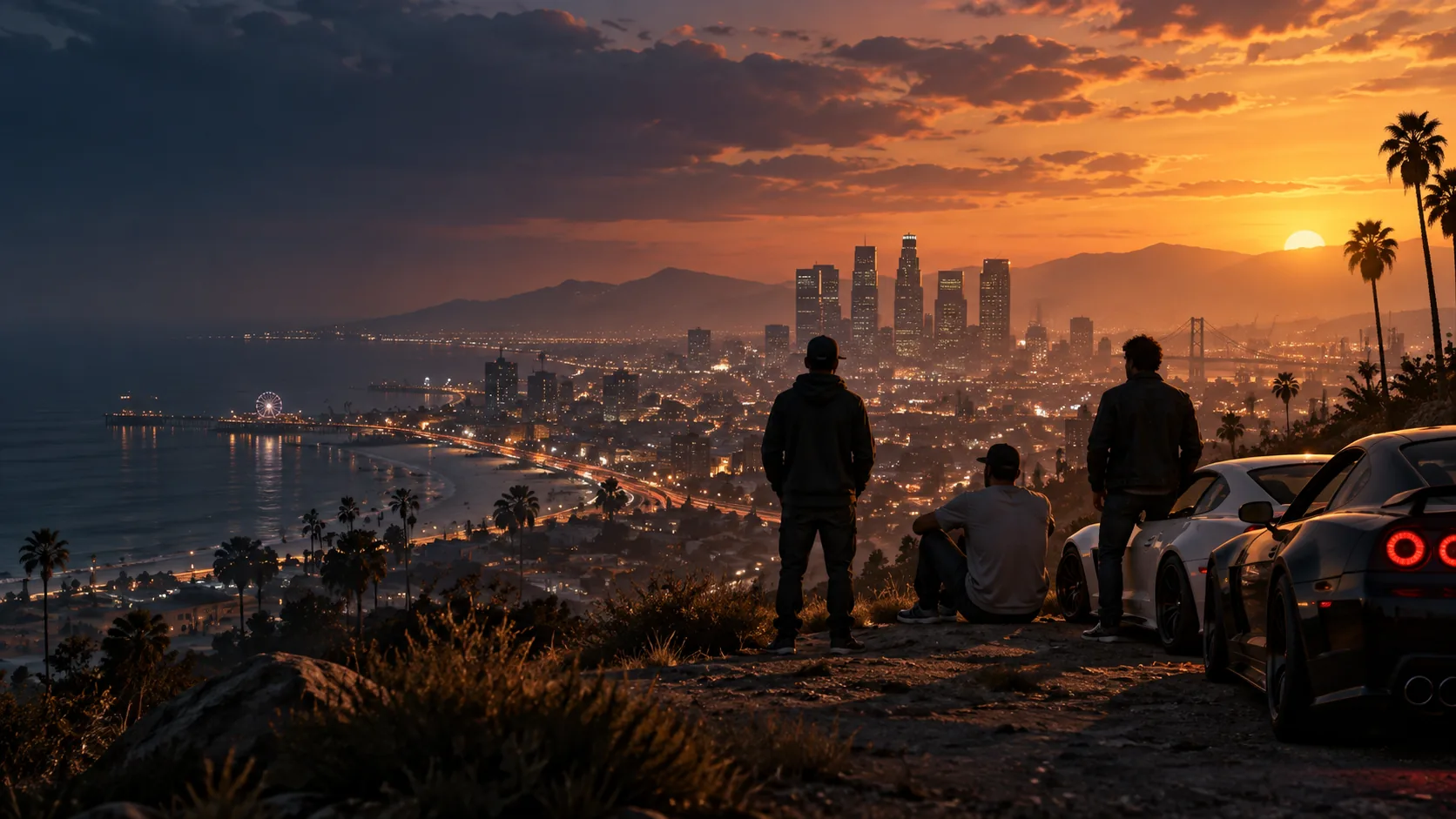 Ilustración de tres compañeros y sus autos frente a una ciudad al atardecer.